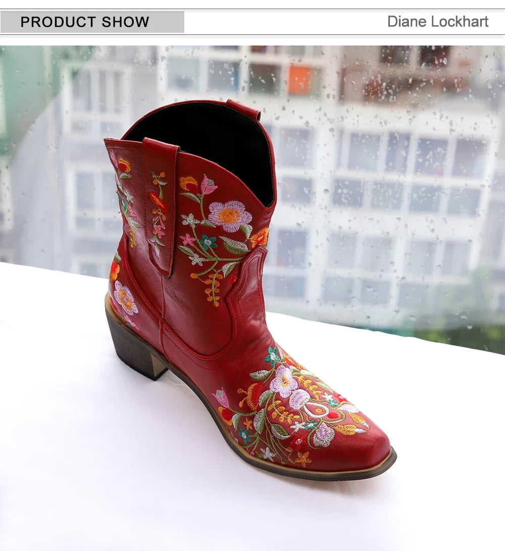 Women Cowboy Boots Luxury Embroidery Pointed Toe Winter Boots Ladies Shoes Comfortable Designer Botas Outdoor Skidproof Wearable