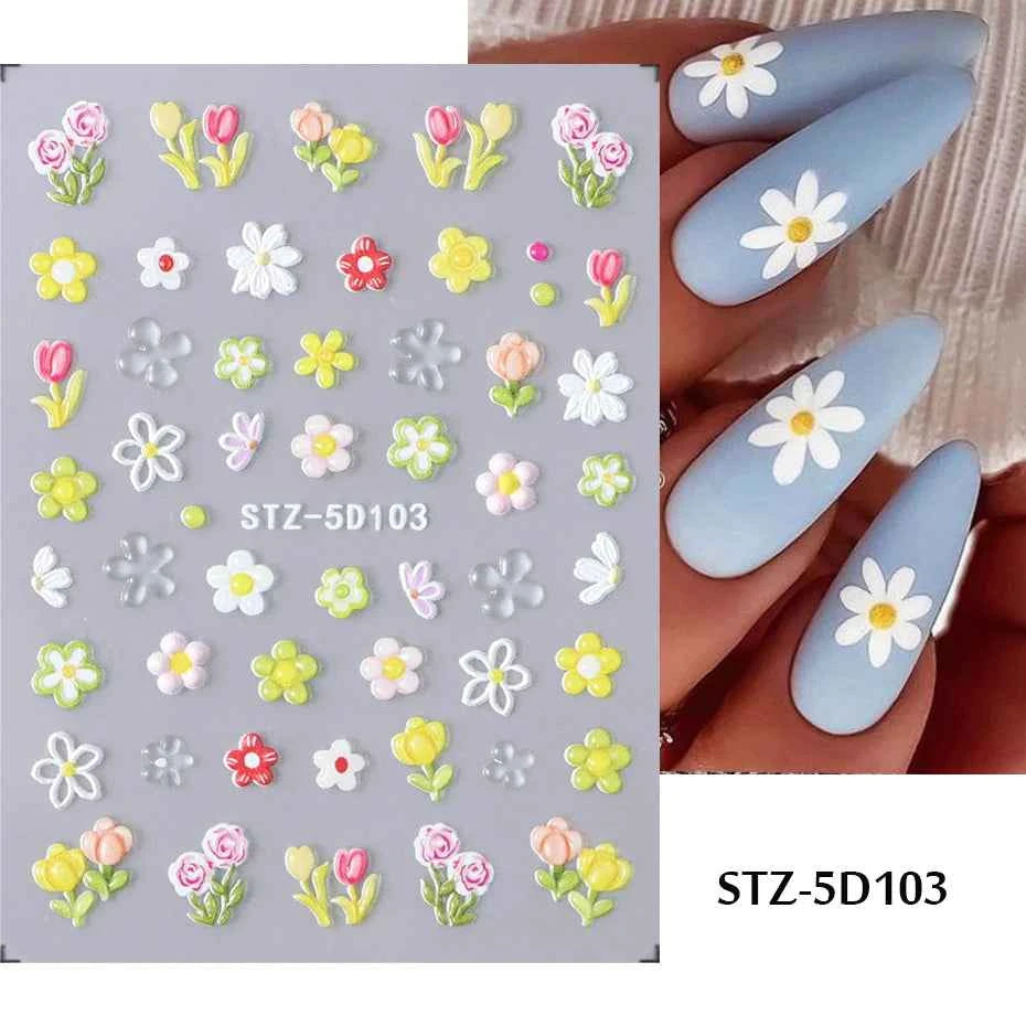 Daisy Dreams Nail Stickers - 5D White Flower & Bee Design, Self-Adhesive Acrylic Decals for DIY Manicure Magic