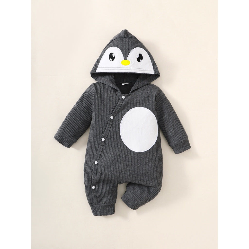 0-6 Months Baby Boy Cute Penguin Hooded with White Small Circle Single-Breasted Bodysuit Dark Grey Long-sleeved Romper Pajamas
