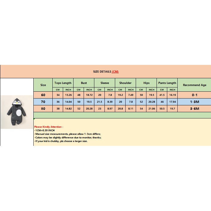 0-6 Months Baby Boy Cute Penguin Hooded with White Small Circle Single-Breasted Bodysuit Dark Grey Long-sleeved Romper Pajamas