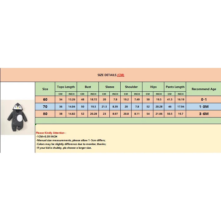 0-6 Months Baby Boy Cute Penguin Hooded with White Small Circle Single-Breasted Bodysuit Dark Grey Long-sleeved Romper Pajamas