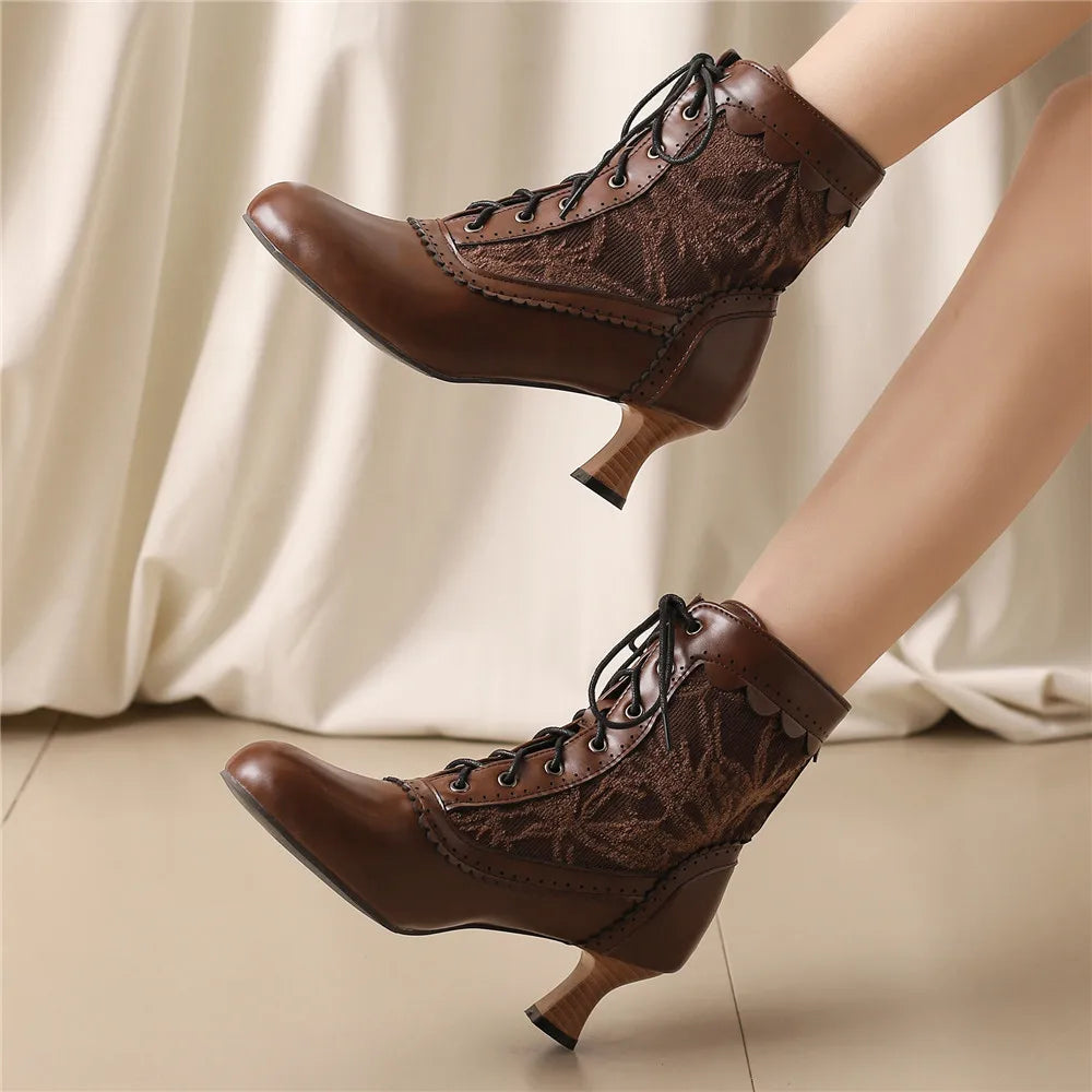 2025 New Lace Up Ladies High Heel Shoes Strange Steampunk Boot Victorian Ankle Boots Women Pointed Toe Thick Soled Short Boots