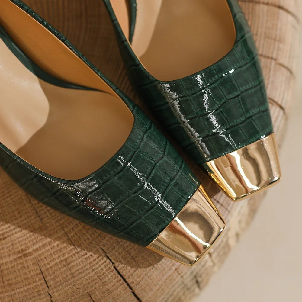 【JOCHEBED HU】Brand New Shoes Metal Square Toe Women Pumps Patchwork Genuine Leather Thin High Heels Ladies Footwear Plus 34-43