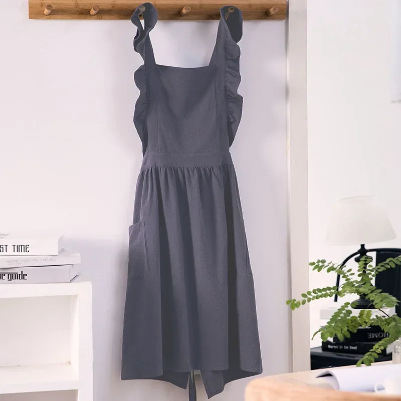 Cross Back Apron Kitchen Apron Ruffled with Pockets for Chef Gardening Pink Work Women with Big Pinafore Dress Cooking Baking