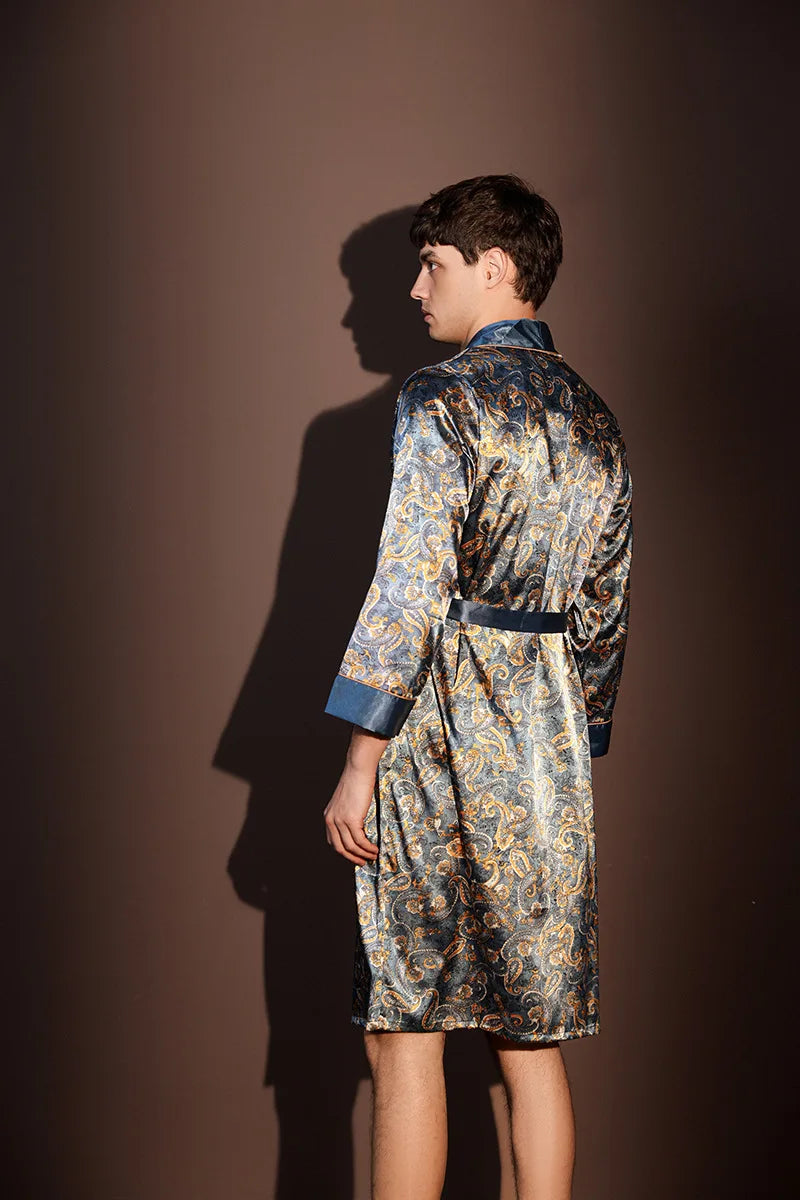 Men's Thin Bathrobe High Quality Nightrobes One-Piece Robe Male Loungewear Gents Spring and Autumn New Ice Silk Printed Pajamas