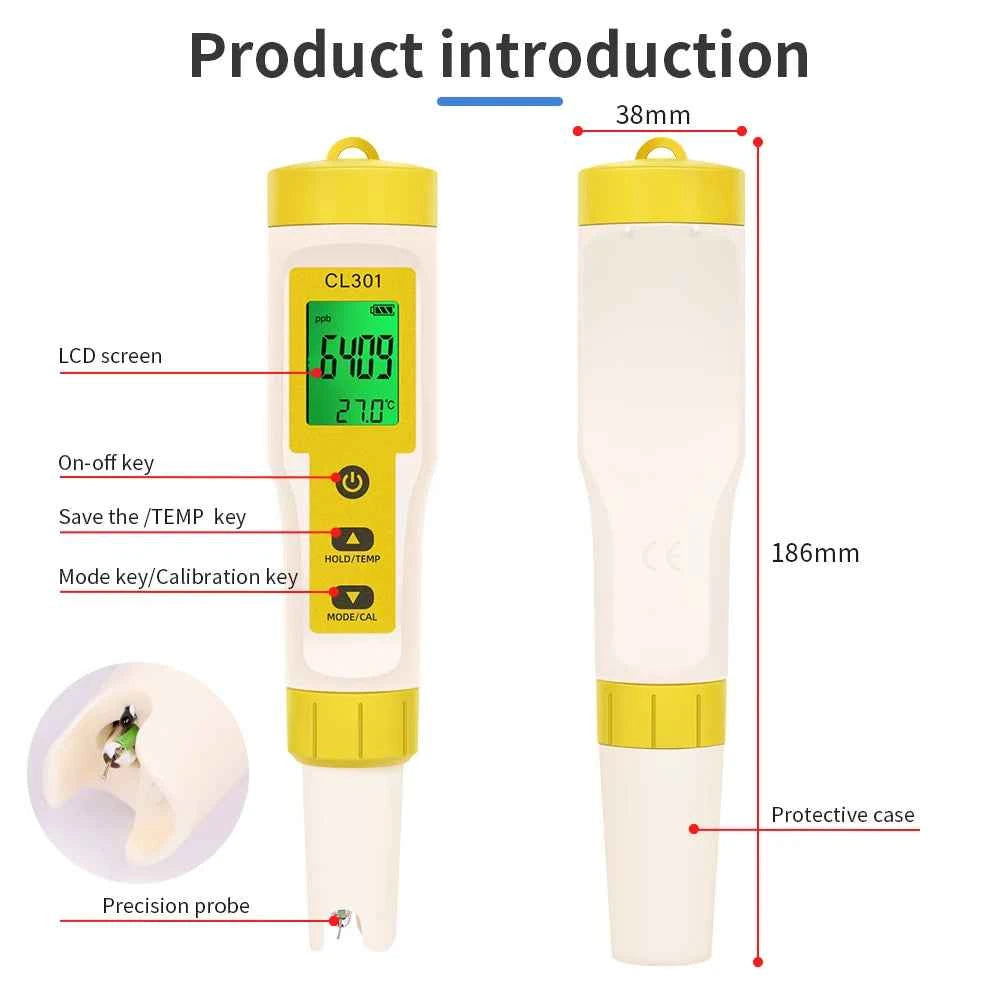 Multifunctional Chlorine Testing Pen 2/3/4/5 in 1 Water Quality Tester CL2 TEMP pH H2 ORP Measuring For Aquarium Swimming Pool