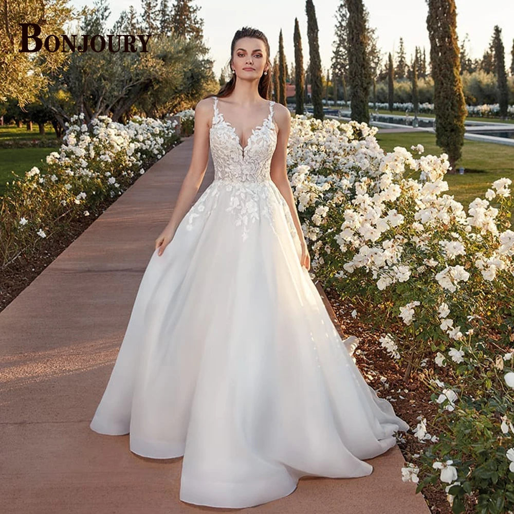 BONJOURY V-neck Satin Wedding Dress with Pockets & Chapel Train for Confident Brides
