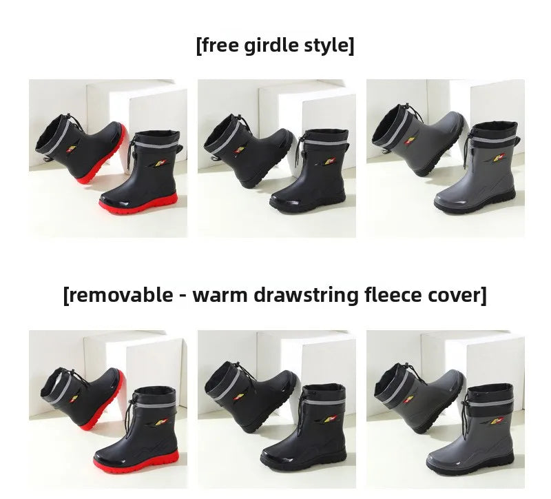 Men's Fleece Lined Tied Mouth Waterproof Outdoor Rain Boots Anti-slip Kitchen Work Rubber Shoes Warm Booties Plastic Material
