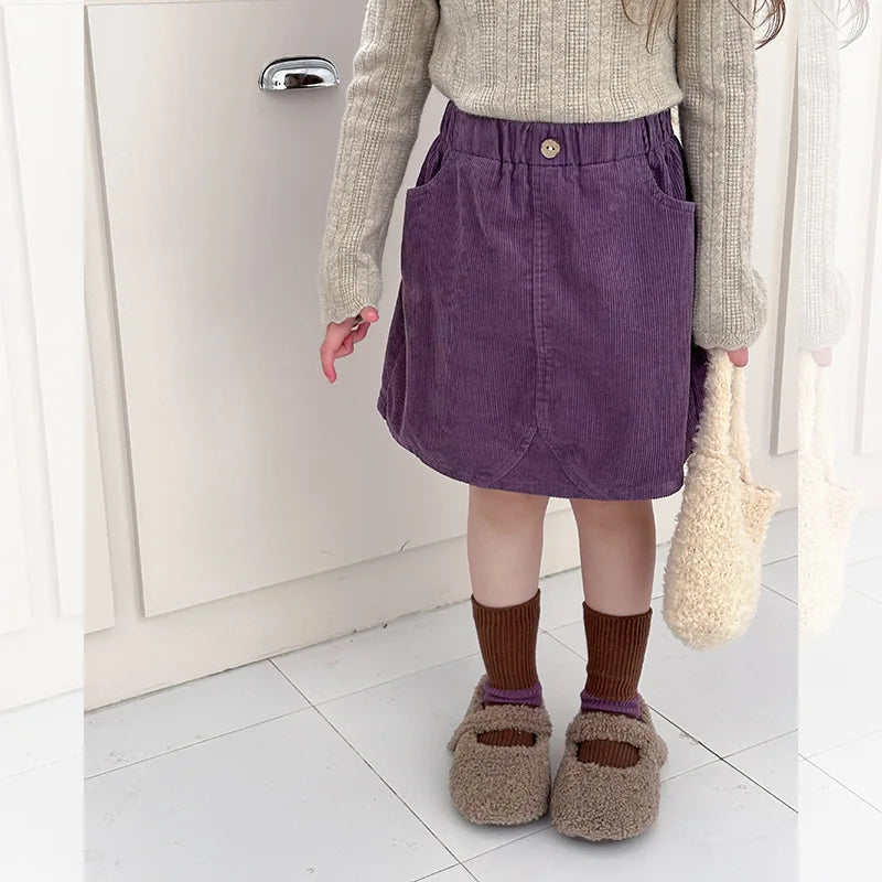 2025 Spring Children's Soft Pit Strip Cotton Corduroy Half Length Skirt for Girls Autumn Fashionable Versatile Short Skirt 2-16Y