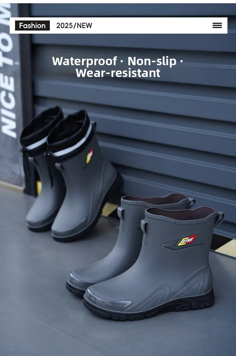 Men's Fleece Lined Tied Mouth Waterproof Outdoor Rain Boots Anti-slip Kitchen Work Rubber Shoes Warm Booties Plastic Material