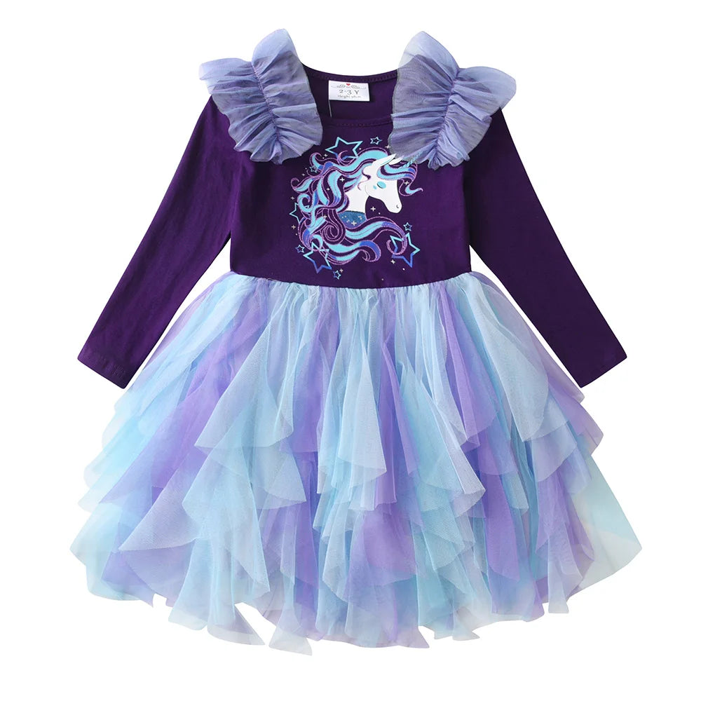 VIKITA Girls Irregular Dress Kids Unicorn Cartoon Dress with Flare Sleeve Children Party Layered Cake Princess Elegant Dresses