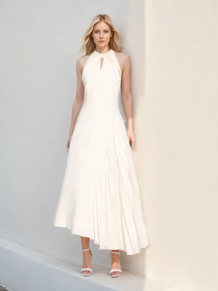TWOTWINSTYLE Solid Patchwork Folds A Line Dress For Women Lapel Sleeveless High Waist Hollow OutTemperament Dresses Female New