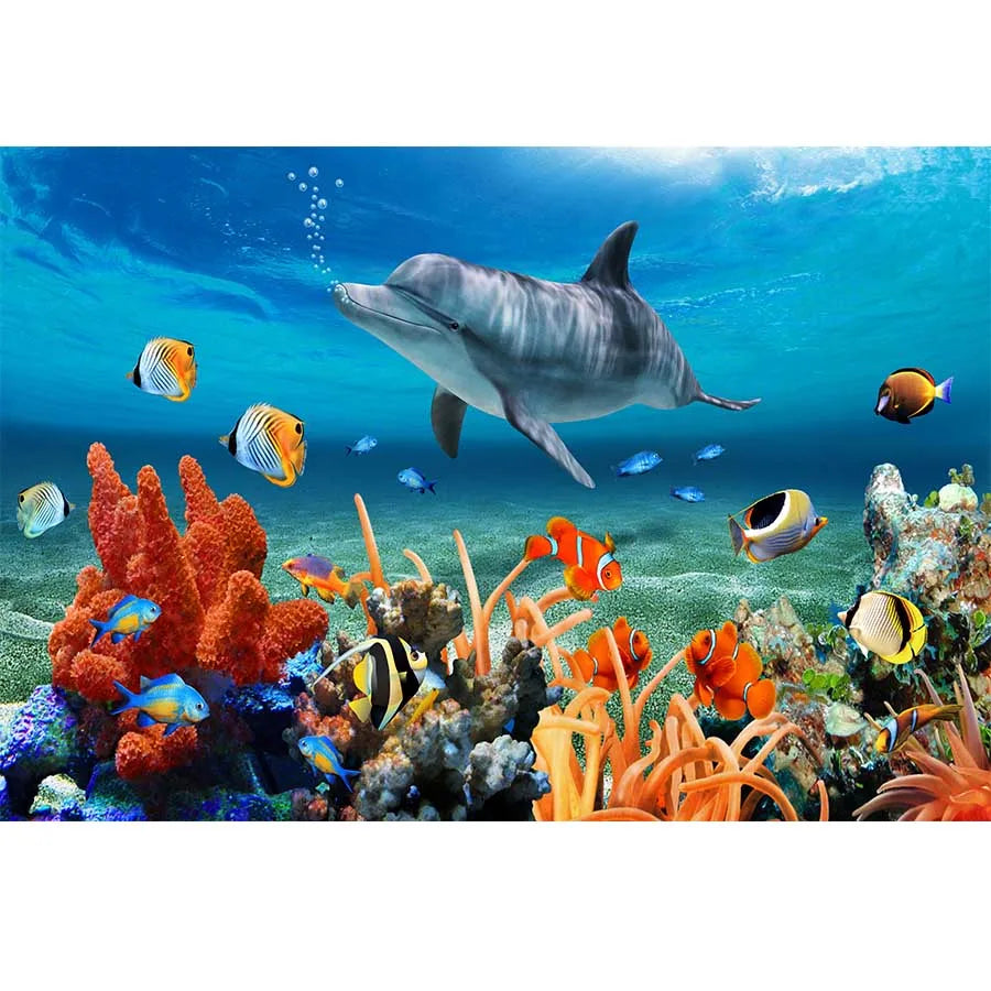 Underwater World Dolphin Coral Seaweed Seabed Aquarium Theme Photography Background Children Birthday Party Decor Backdrop