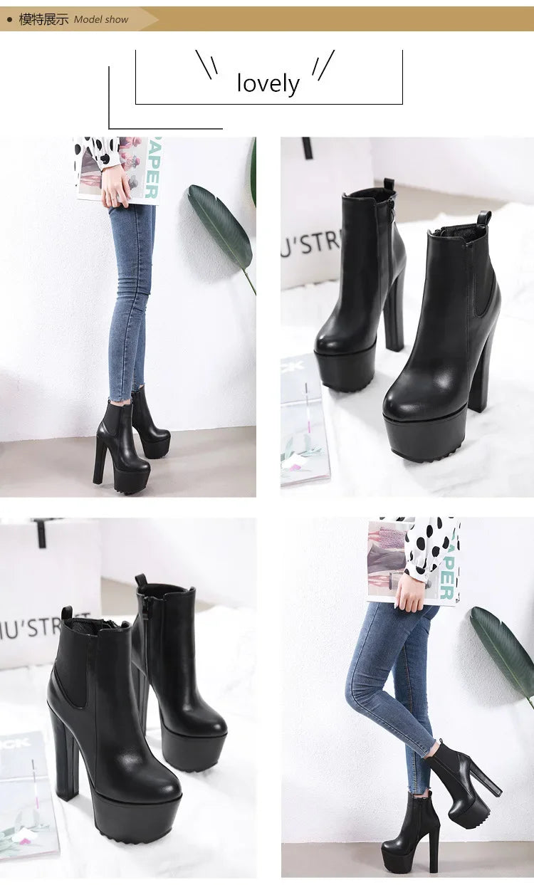 16CM Thick High Heel Shoes Womens Platform Elastic Band Side Zipper Chelsea Boots Black  Ankle Boot Zapatos Para Mujeres