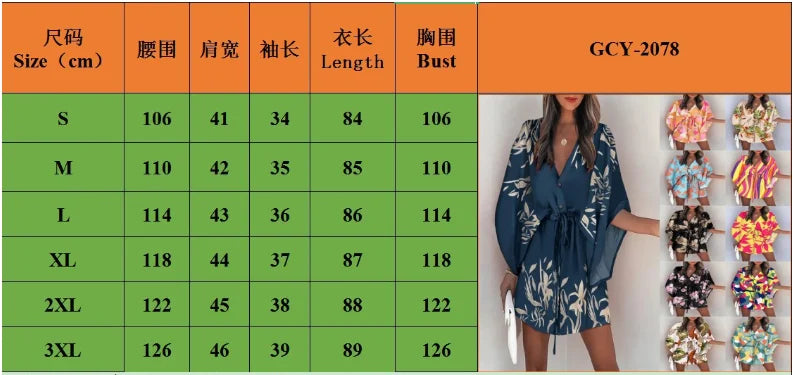 Summer Boho Mini Dress Women Flora Print Batwing Sleeve Lace-Up V Neck Loose Button Dresses Ladies Beach Party Dress Vestido