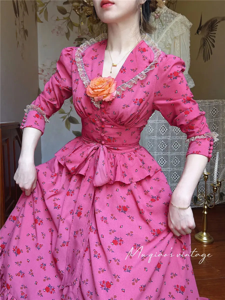 Rose Red Flower Autumn Long Sleeve French Vintage Dress V-neck Waist Cinched Slimming Ruffle Large Swing Long Dress for Women