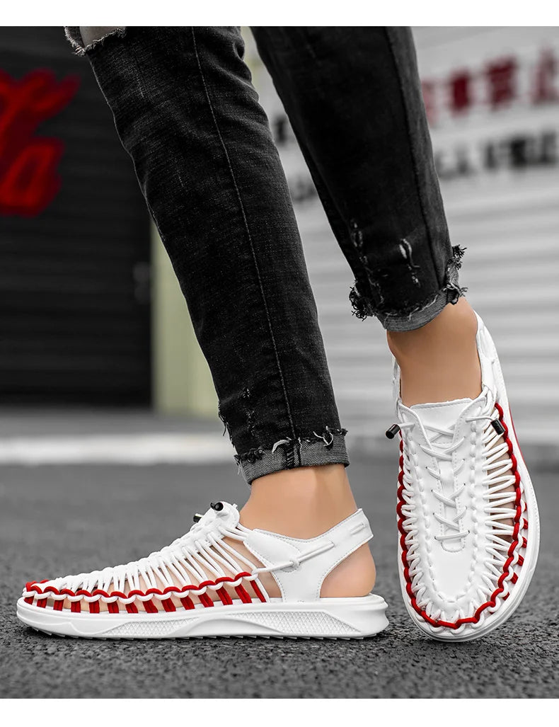 2023 Summer Men's  Sandals Lace Up Hand Woven Sandals Thick Soled Soft Non Slip Casual Shoes High Quality Couple Beach Shoes