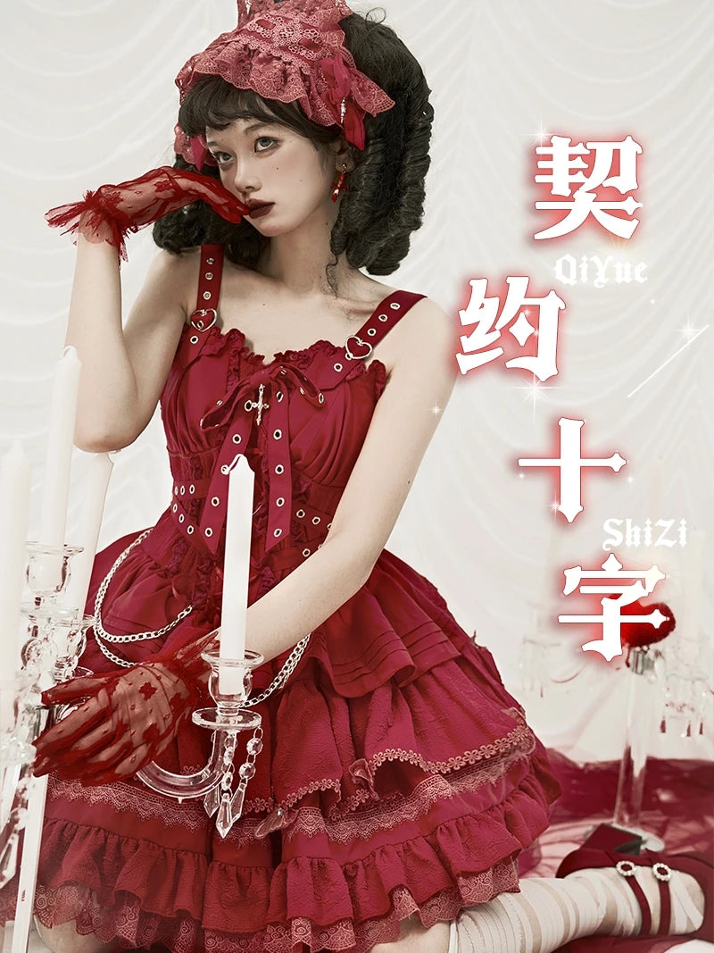 Gothic Lolita JSK Dress with Bow & Spaghetti Straps - Chic Mini Dress & Waistcoat Set for Sweet Style