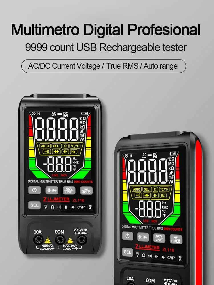 SmartTech USB Rechargeable Digital Multimeter - True RMS, AC/DC Current, Capacitance, Temperature, Auto Range