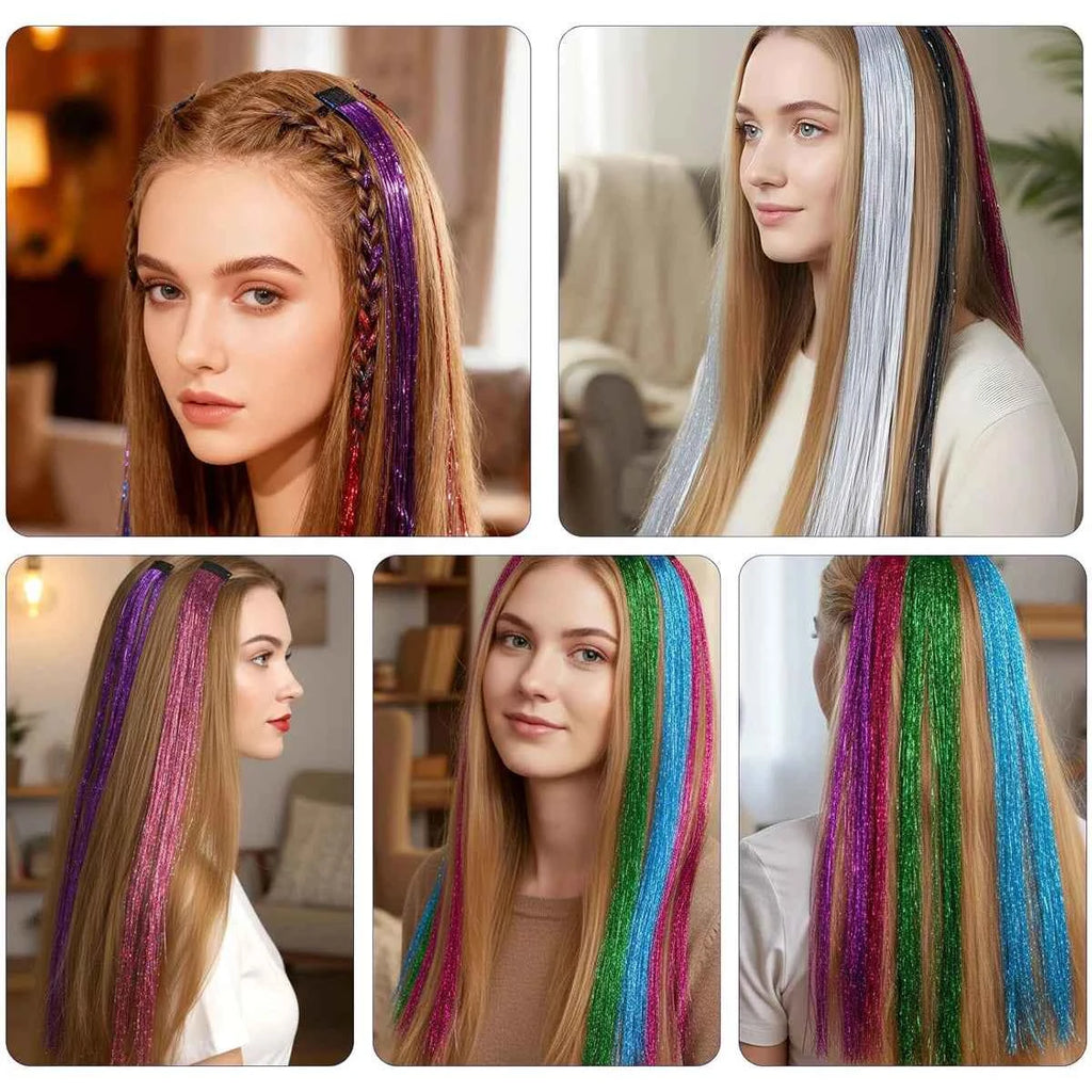 Sparkle & Shine Hair Tinsel Clips - 4 Colorful, Heat-Resistant Glitter Extensions for Festivals & Parties
