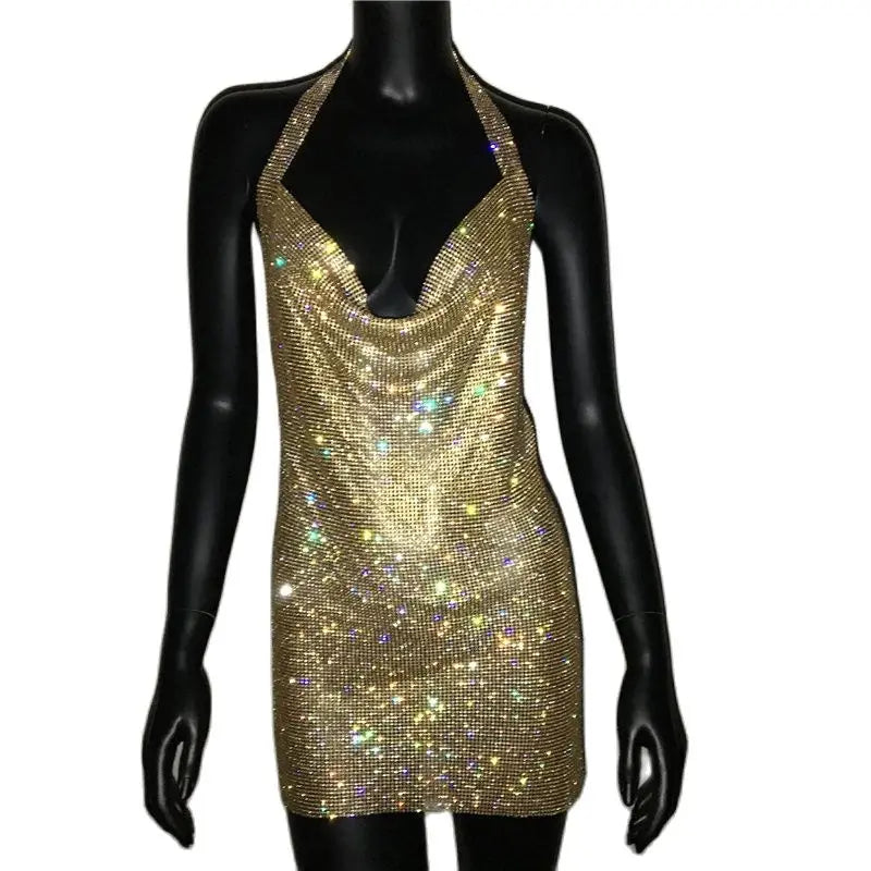 Bling Backless Rhinestone Dress - Sexy Deep V Neck, Sleeveless, Side Split Halter for Nightclub & Party
