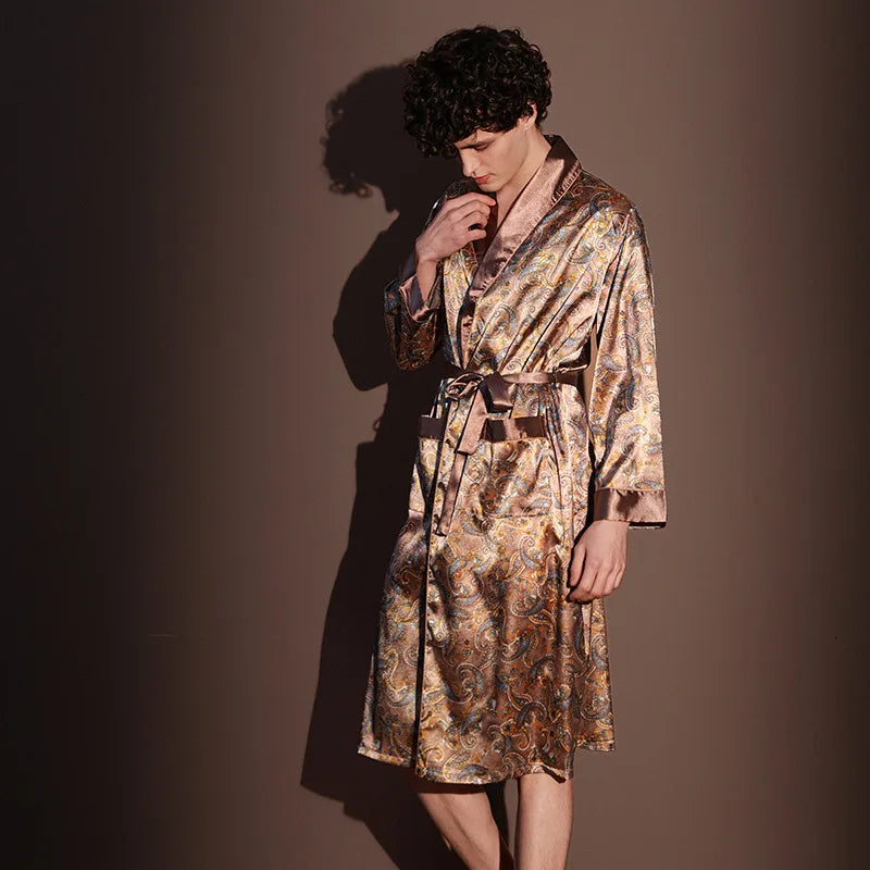 Men's Thin Bathrobe High Quality Nightrobes One-Piece Robe Male Loungewear Gents Spring and Autumn New Ice Silk Printed Pajamas