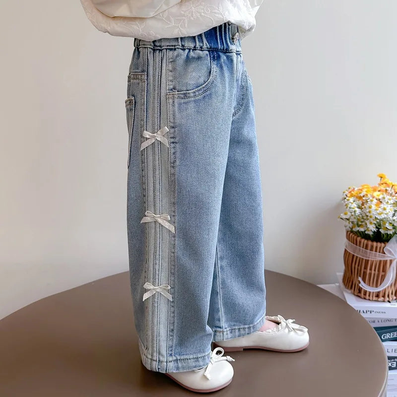Stylish Girls Bow Jeans Spring and Autumn 2025 New Baby Girl Casual Denim Straight Pants Children's Elastic Waist Trousers