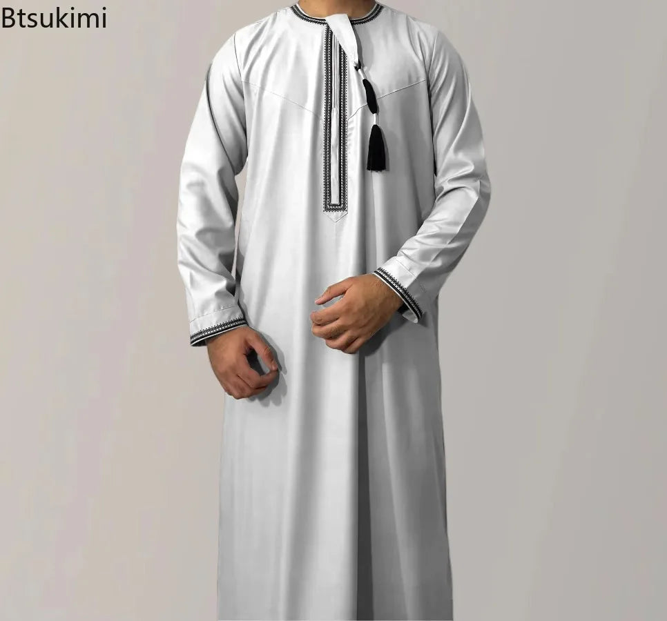 New 2026 Men's Muslim Abayas Dress Long-sleeved Pullover Kaftan Robe Men Jubba Thobe Pakistan Saudi Arab Caftan Islamic Clothing