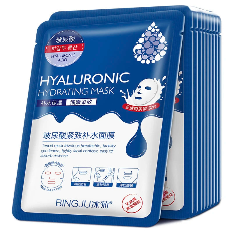 10 Pieces Hyaluronic Acid Facial Mask Sheet Pores Moisturizing Oil-Control Anti-Aging Replenishment Whitening Face Care