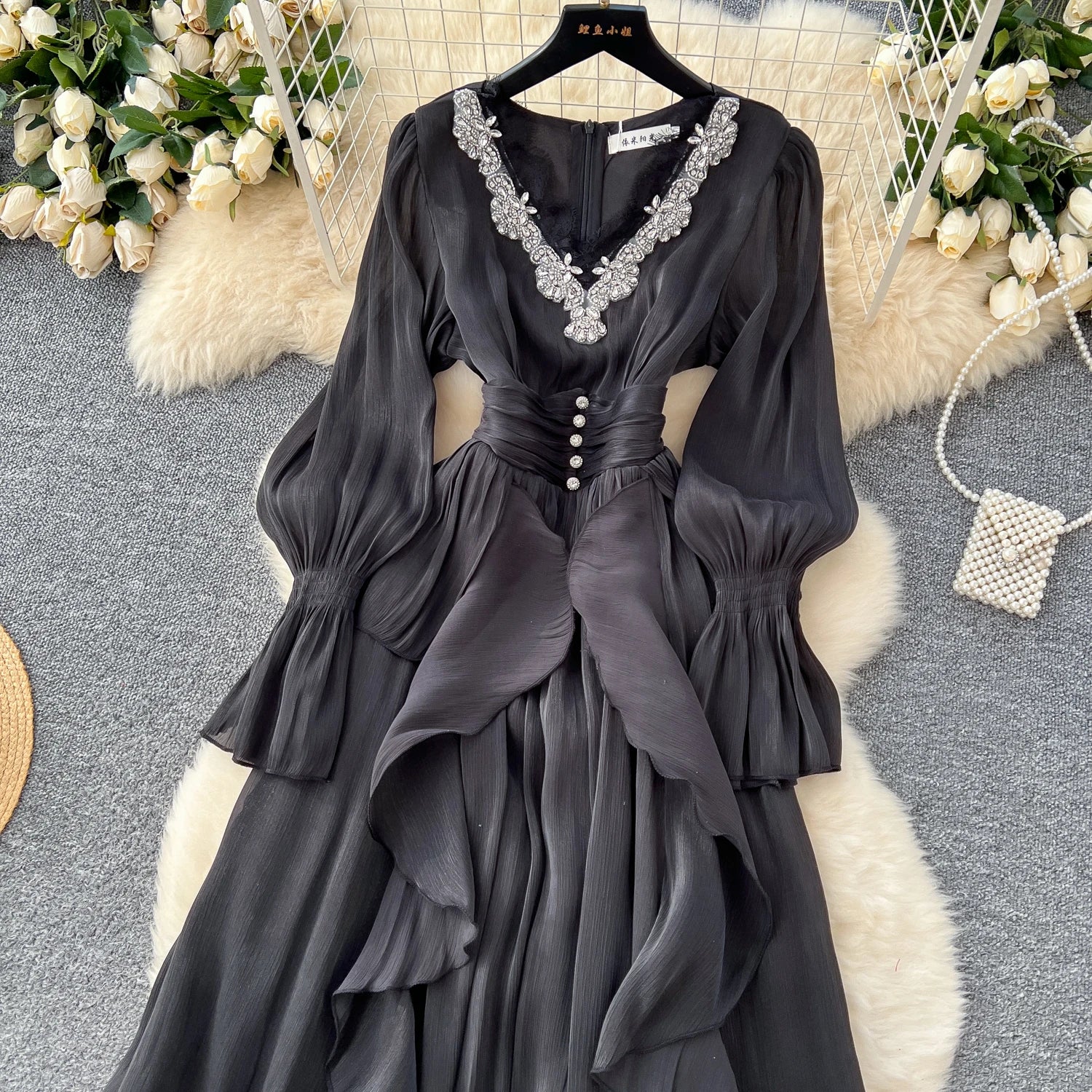 Spring Autumn Women Party Long Dress Elegant Female Red/Purple/Beige/Black Diamonds Patchwork Ruffle A-Line Maxi Vestidos New