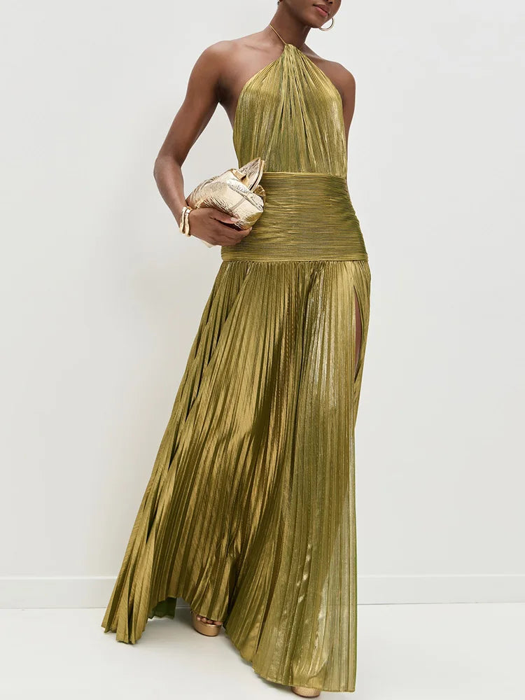 Chic Women's Backless Maxi Dress - Sleeveless Halter Patchwork Elegance for Summer Parties