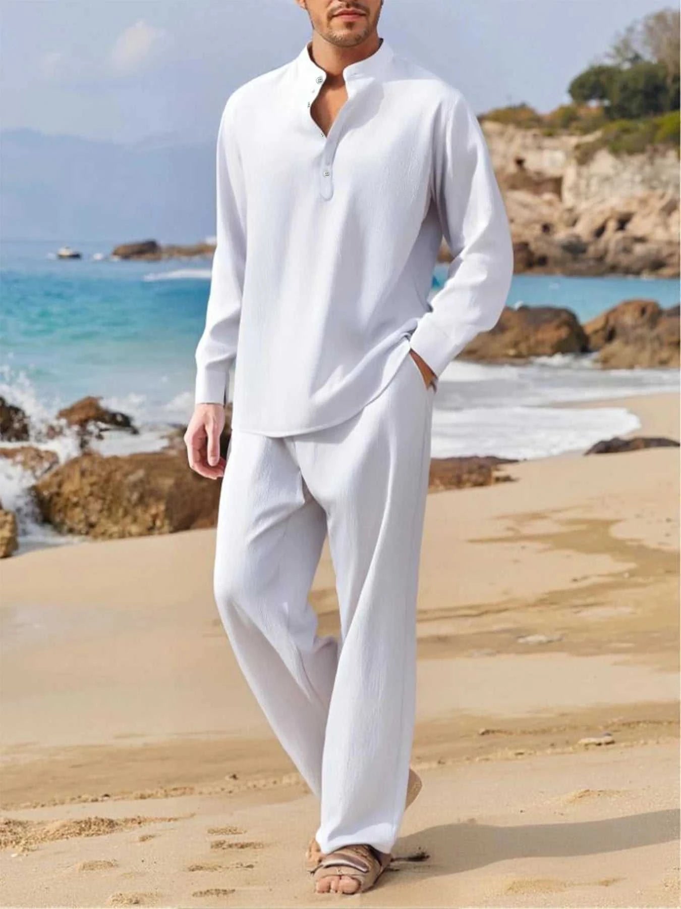 Men's Fall Casual Outfits Solid Color Henley Collar Long Sleeve Tops with Elastic Waist Pants Long Sleeve Pants Shirt Suit The jack market .AU The jack market .AU Men Fashion $ 47 14:193#Black;5:100014064