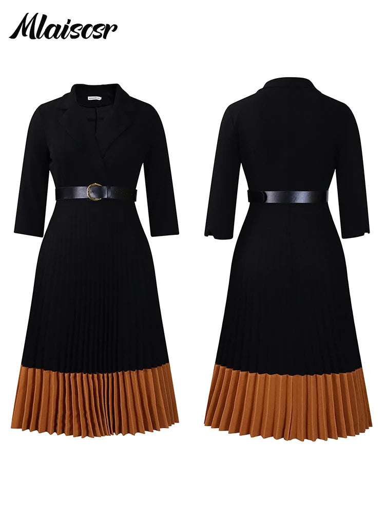 Mlaiscsr Elegant Long Sleeve Solid High Waist A Line Pleated Dress with Belt Women Office Lady African Birthday Evening Vestidos