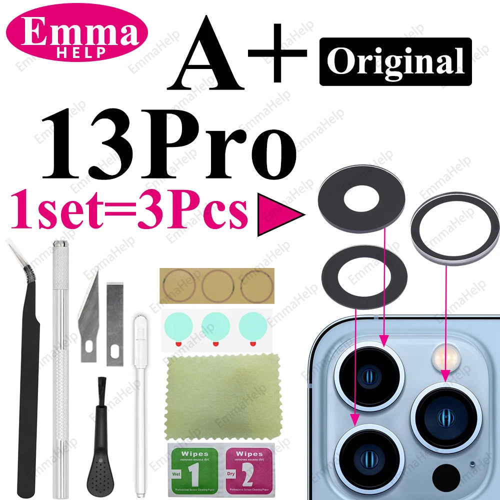 Sapphire Camera Lens Glass for iPhone 15/14/13/12/11 Pro Max Plus Mini - Complete Repair Kit with Adhesive