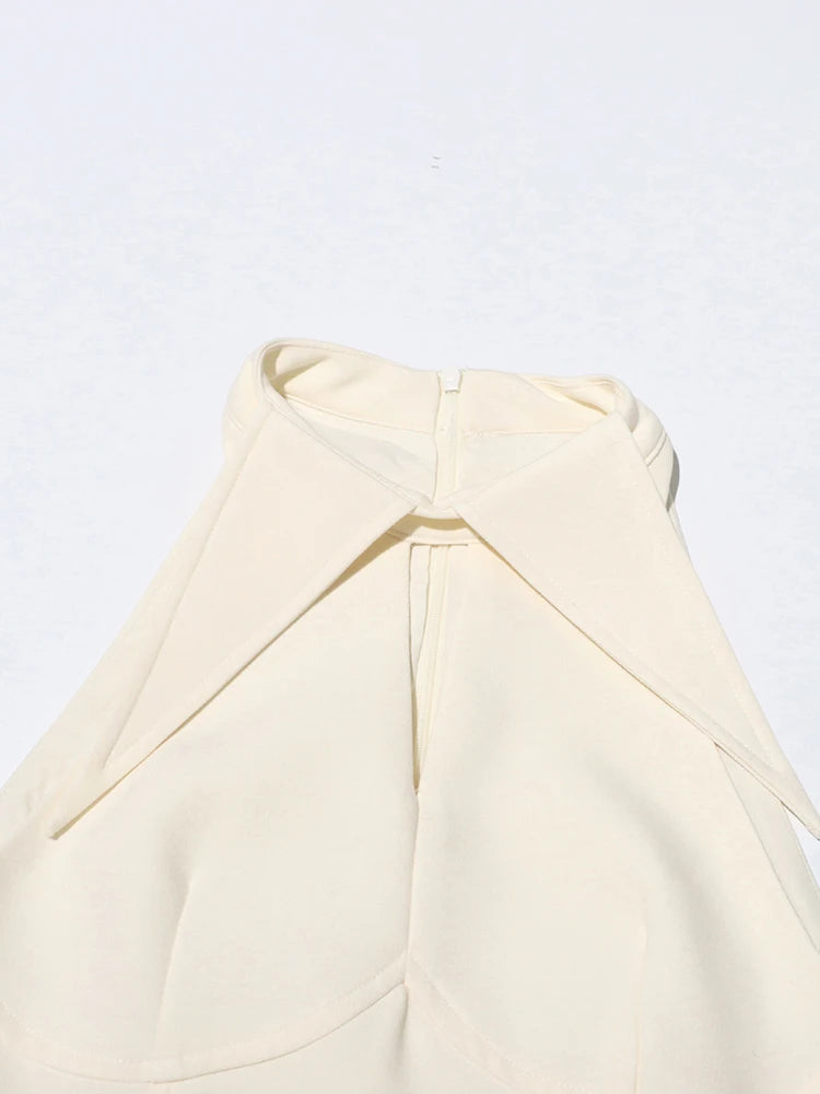 TWOTWINSTYLE Solid Patchwork Folds A Line Dress For Women Lapel Sleeveless High Waist Hollow OutTemperament Dresses Female New