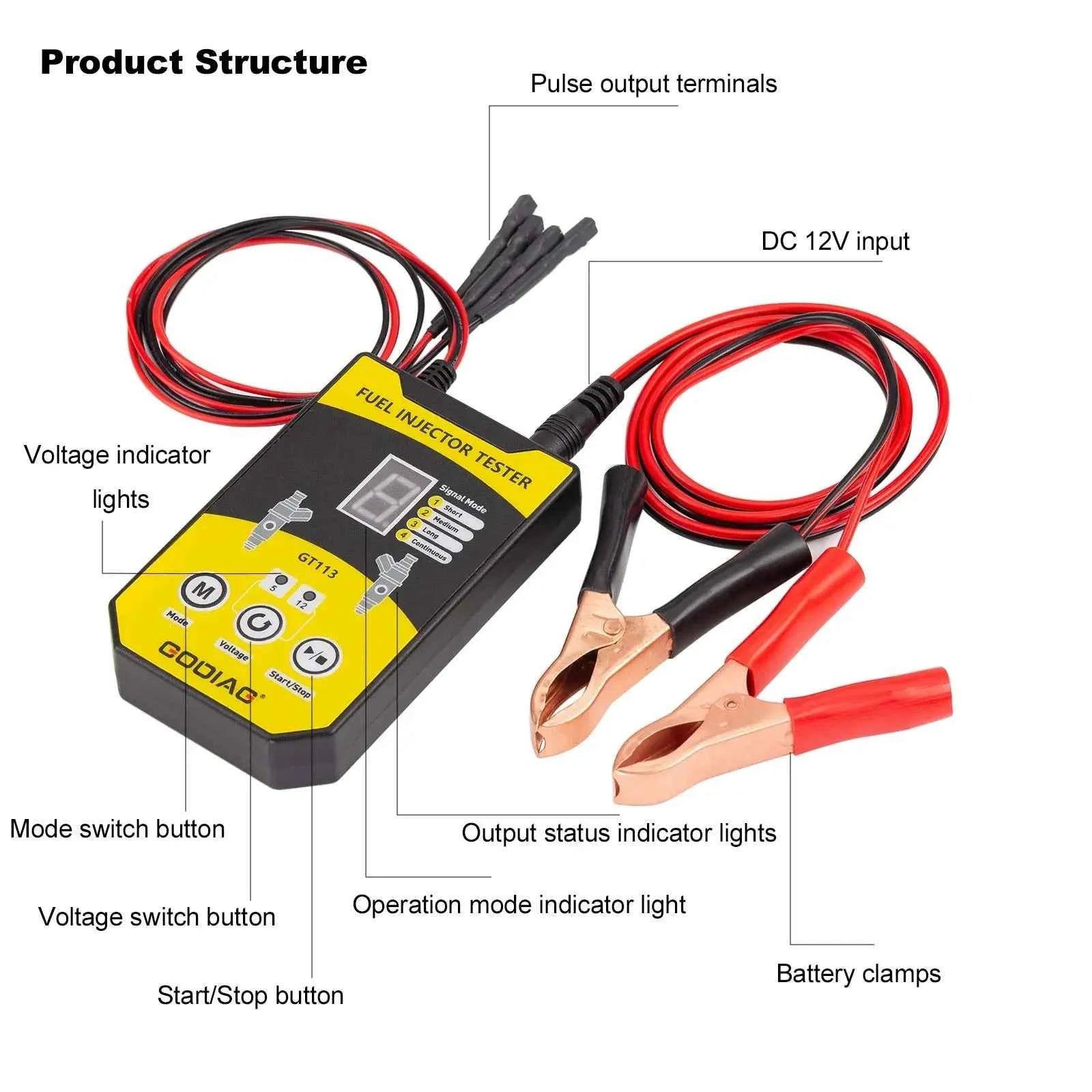 GODIAG GT113 Universal Fuel Injector Tester Cleaner Cleaning Tool with 6 Sizes of Adapters 8 Pulse Modes for Cars Motorcycle