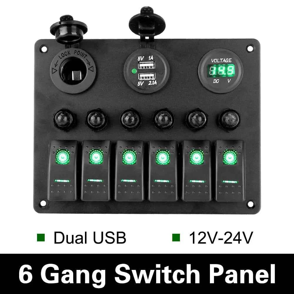12V 24V 6 Buttons Car Switch Panel 15A Fuse Marine Circuit Breaker Voltmeter Tester Light Toggle USB Chargers 3.0 Auto Splitter