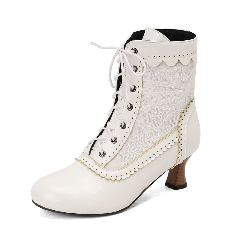 2025 New Lace Up Ladies High Heel Shoes Strange Steampunk Boot Victorian Ankle Boots Women Pointed Toe Thick Soled Short Boots