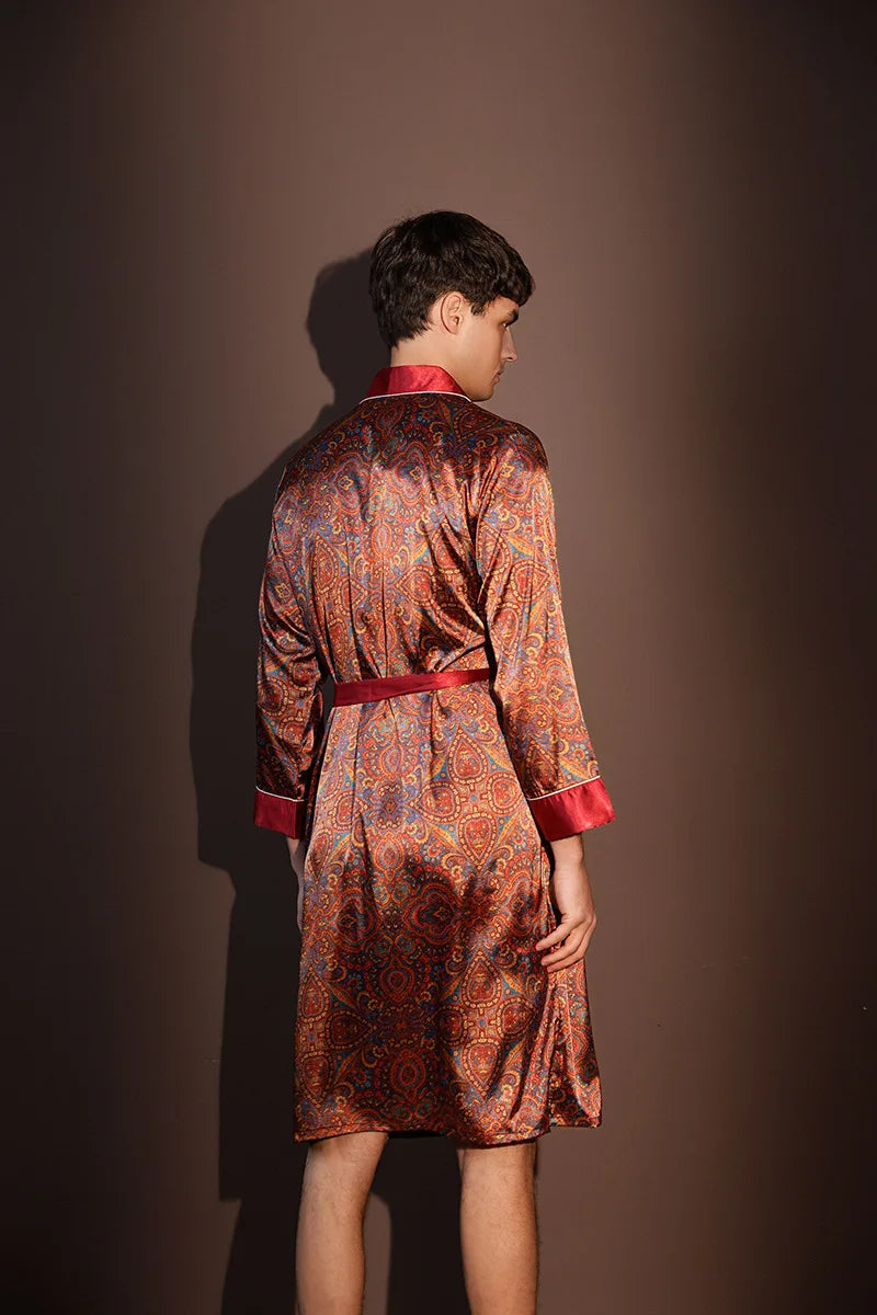 Men's Thin Bathrobe High Quality Nightrobes One-Piece Robe Male Loungewear Gents Spring and Autumn New Ice Silk Printed Pajamas