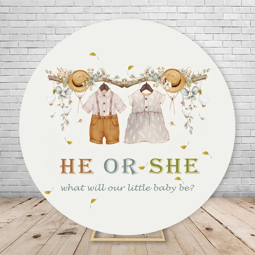 Gender Reveal Backdrop Round Cover Watercolor Cloud Bear Party Decor He or She Oh Baby Shower Photography Background Elasticity