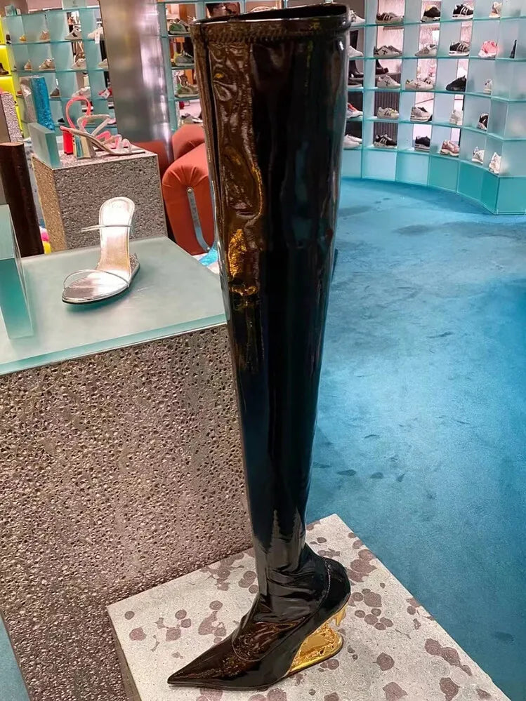 Women's Pointed Tiger Teeth Heel Knee High Elastic Boots Fashionable Over-the-Knee Super High Heel Banquet Show Shoes Autumn Winter