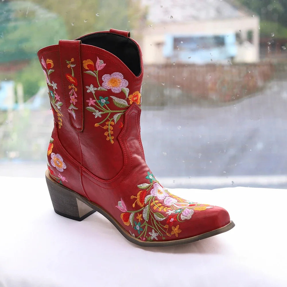 Women Cowboy Boots Luxury Embroidery Pointed Toe Winter Boots Ladies Shoes Comfortable Designer Botas Outdoor Skidproof Wearable