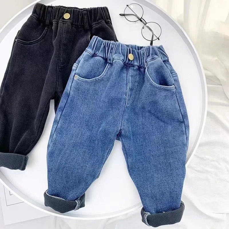 Boys' Fleece-Lined Jeans Thick One-Piece Pants for Winter. Stylish Baby & Children's Warm Trousers for Autumn