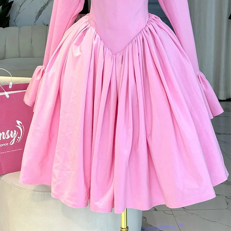 Elegant Pink A-Line Dress for Women - Pleated Round Neck, High Waist, Perfect for Parties and Weddings