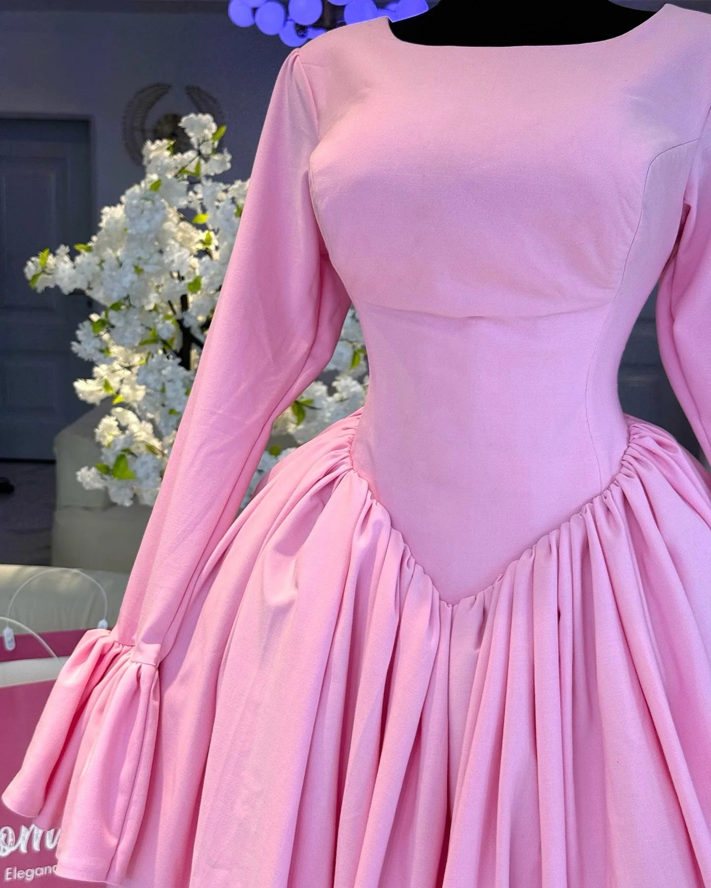 Elegant Pink A-Line Dress for Women - Pleated Round Neck, High Waist, Perfect for Parties and Weddings