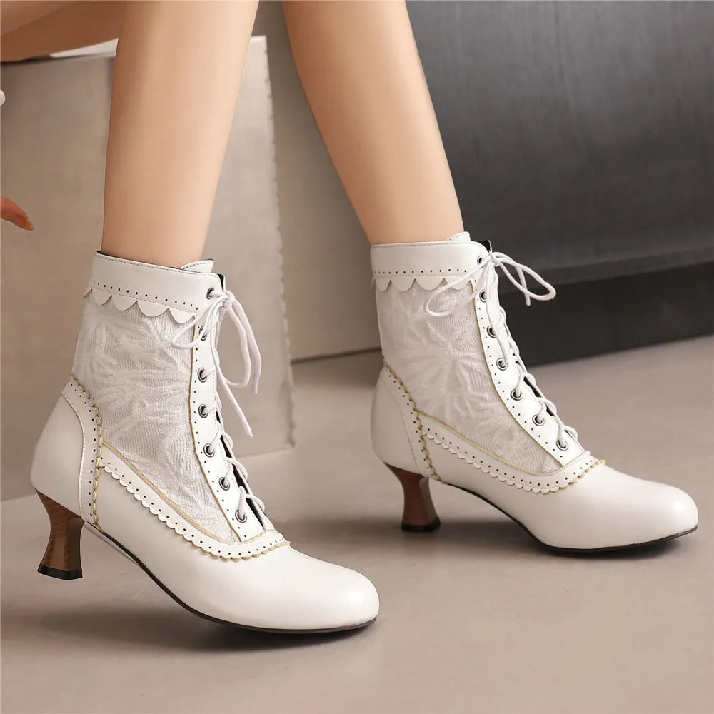 2025 New Lace Up Ladies High Heel Shoes Strange Steampunk Boot Victorian Ankle Boots Women Pointed Toe Thick Soled Short Boots