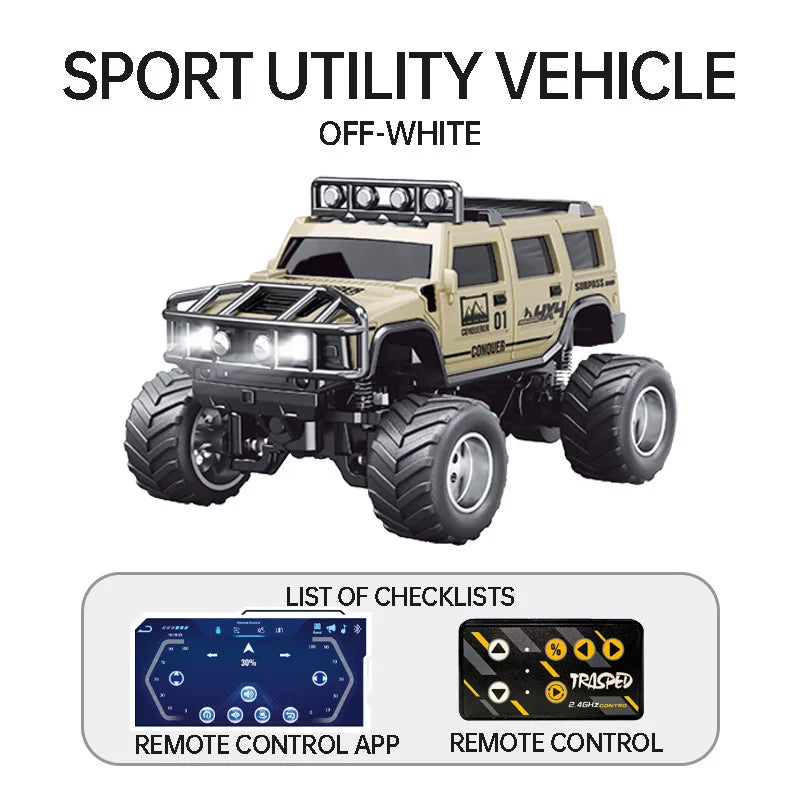 1/64 RC Car Mini HG4-221 Off-Road Vehicle Simulation Hummer 2.4G Remote Control Climbing Car with APP Lights Control Gifts Toys