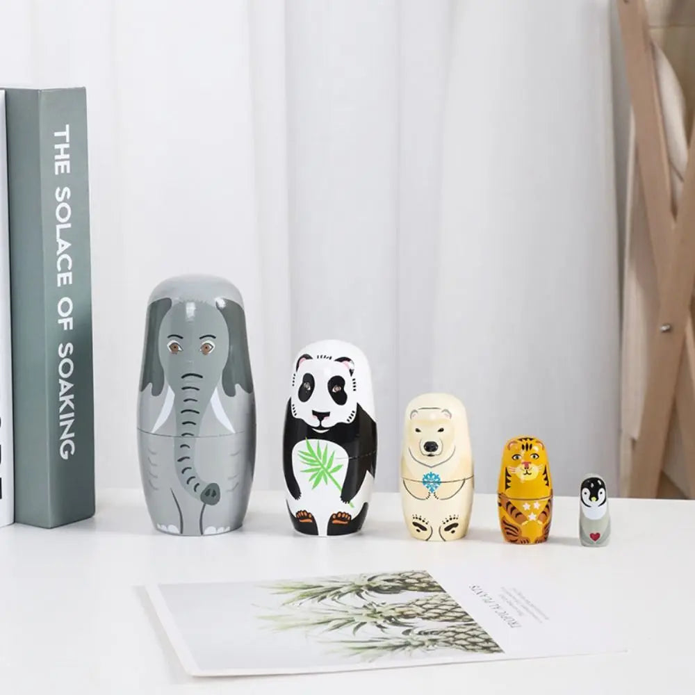 Rabbit 5Pcs/Set Animal Matryoshka Doll Wood Smooth Wooden Stacking Dolls Line Dog Panda Girls Russian Doll Christmas