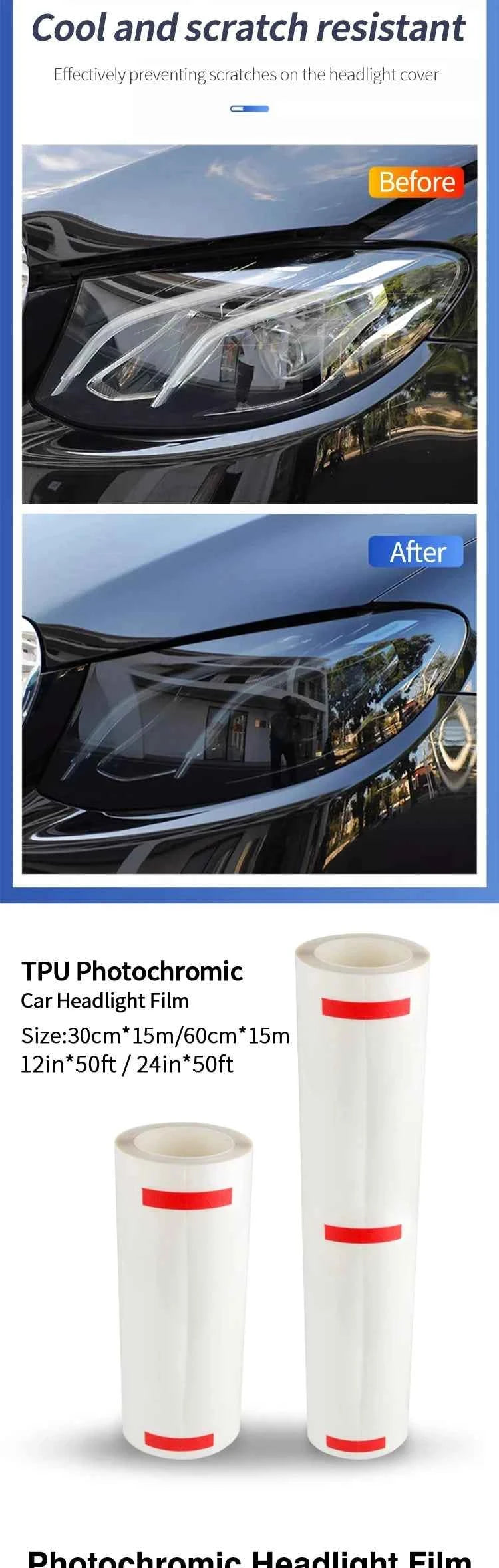 30CM 40CM 60CM PPF Paint Protection Photochromic Film UV Color Change Headlight Protection Film Self-healing Anti-scratch Film