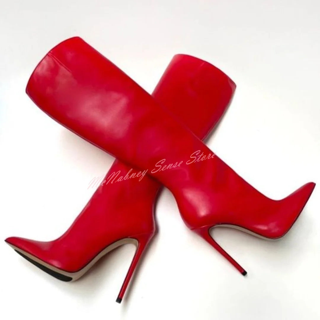 Genuine Leather Pointed Boots Stiletto Heels Solid Knee High Boots Slip On Women Sexy Shoes Designer Winter Autumn Casual Shoes